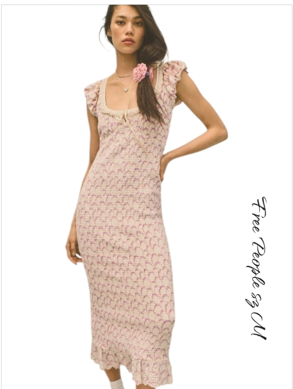 Free People McKenna Velvet Smocked Floral Midi Dress Pink Cream M